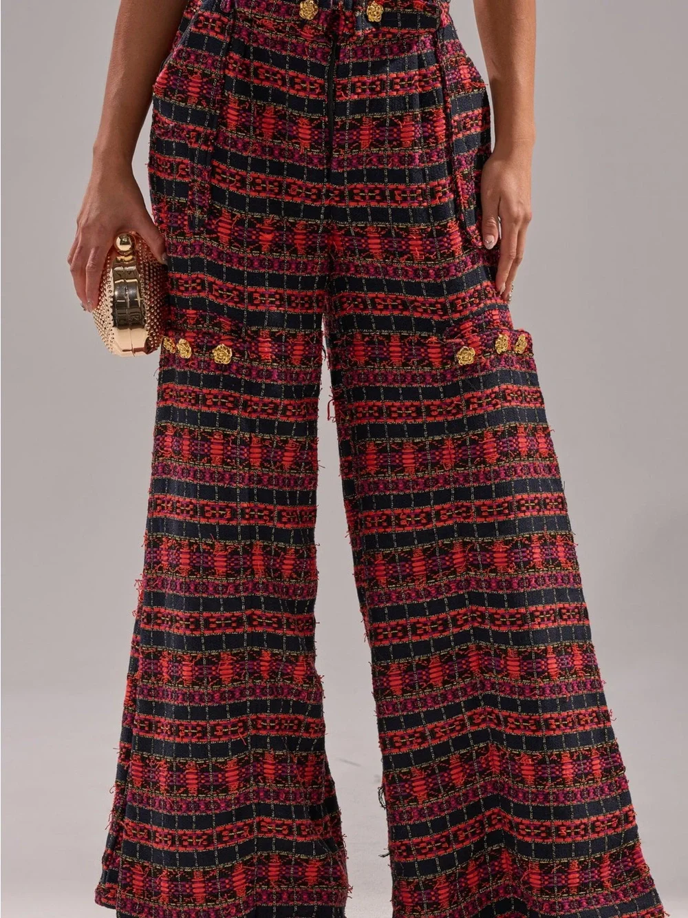 AKIRA Statement Tweed Wide Leg Trousers Boucle Gold Rose Buttons Size L